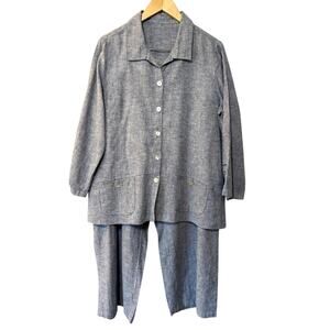 Habitat Blue Linen Cotton Blend Wide Leg Pant & Top Set Lagenlook Artsy XL